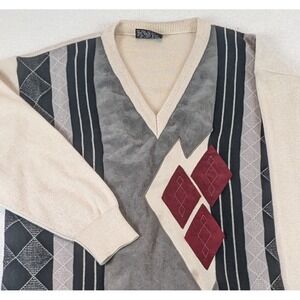 VTG Franco Ponti Mens V Neck Sweater Italian Argyle Diamond Pattern 80's Golf